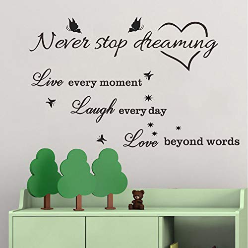 Wandaufkleber mit Aufschrift "Never Stop Dreaming Live Laugh Love", Vinyl, abnehmbar, Schmetterlings-Motiv, für Schlafzimmer, Wohnzimmer, Zuhause, Fenster, Tür von Quanyuchang
