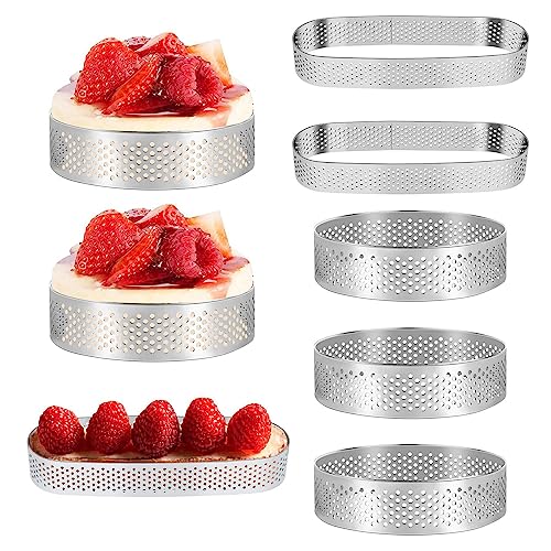 Quatavo 8pcs Dessertringe, Kuchenform Perforiert, HitzebestäNdigkeit und Ohne Geruch TartlettföRmchen, Oval Rund Kuchenform Tartelette Förmchen,Mousse,Pie,Tartelette,Donuts Kuchenringe von Quatavo