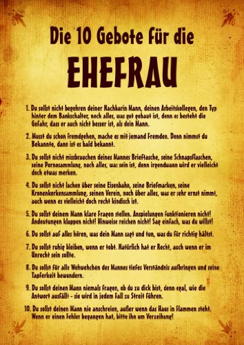 QUATSCHmanufaktur Urkunde Poster "10 Gebote für die Ehefrau" ca. 40 x 60 cm von QUATSCHmanufaktur