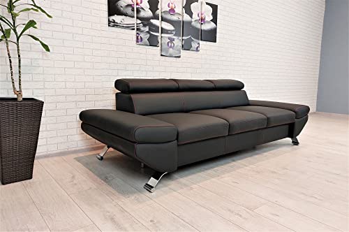 Quattro Meble Echtleder 3 Sitzer Sofa Varsovia Breite 235cm mit einstellbaren Kopfstützen Ledersofa schwarzes Leder mit roten Nähten, VARS3OSHERN von Quattro Meble