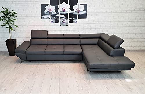 Quattro Meble Dunkelgraues Echtleder Ecksofa Varsovia Pik 305 x 193 cm Sofa Couch mit Schlaffunktion und Kopfstützen Echt Leder Eck Couch viele Farben (Ecke Rechts 305 x 193 cm) von Quattro Meble