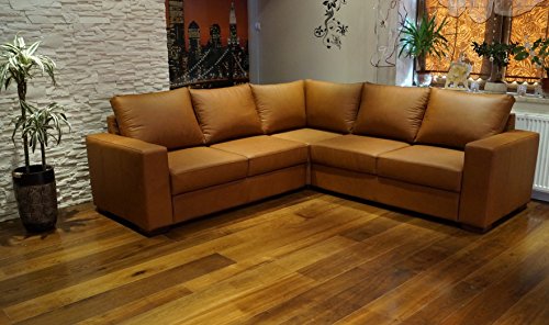 Quattro Meble Echtleder Ecksofa Mallorca RE 245 x 245cm Sofa Couch mit Bettfunktion und Bettkasten Eck Couch Echt Leder Venice Cognac von Quattro Meble
