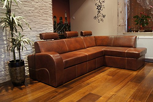 Quattro Meble Ecksofa Antalya II 3z 245 x 164cm Braun Echtleder mit Creme Ziernaht Sofa Couch mit Schlaffunktion, Bettkasten und Kopfstützen Eck Couch Echt Leder Antique Tabac von Quattro Meble