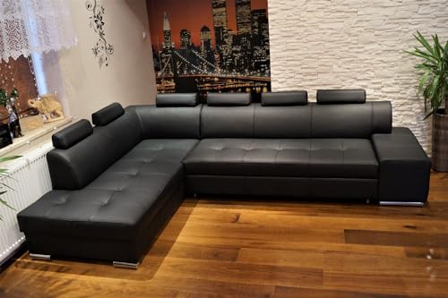 Quattro Meble Schwarz Echtleder Ecksofa London PIK 6z 300 x 200 Sofa Couch mit Schlaffunktion, Bettkasten und Kopfstützen Echt Leder Eck Couch große Farbauswahl (Ecke Links 200x300 cm) von Quattro Meble