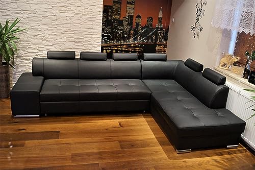 Quattro Meble Schwarz Echtleder Ecksofa London PIK 6z 300 x 200 Sofa Couch mit Schlaffunktion, Bettkasten und Kopfstützen Echt Leder Eck Couch große Farbauswahl (Ecke Rechts 300x200 cm) von Quattro Meble