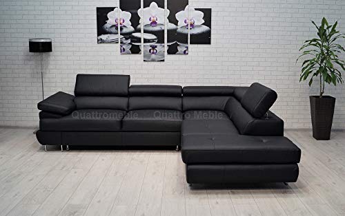 Quattro Meble Schwarzes Echtleder Ecksofa LTN 275 x 225 Sofa Couch mit Schlaffunktion, Bettkasten und Kopfstützen Echt Leder Eck Couch (275 x 225 cm Ecke Rechts) von Quattro Meble