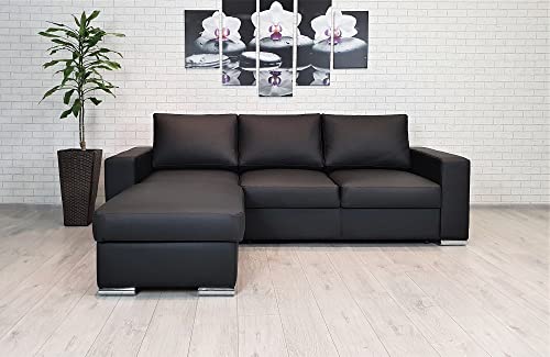 Quattro Meble Schwarzes Echtleder Ecksofa Mallorca 245 x 170 cm Sofa Couch mit Bettfunktion und Bettkasten Echt Leder Eckcouch Leder Sofa Ledercouch (Ecke Links 164 x 245 cm) von Quattro Meble
