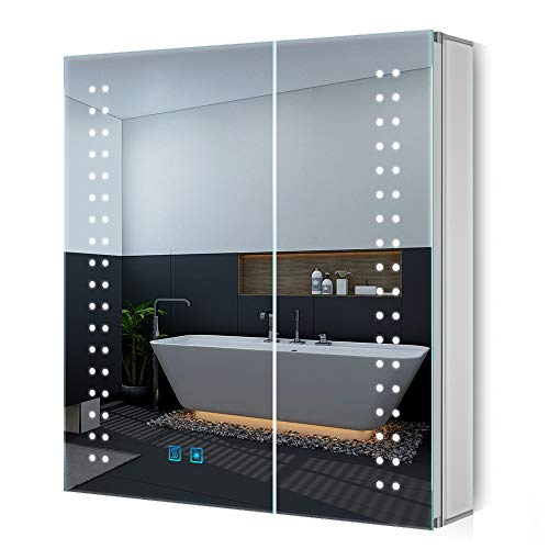 Quavikey® Badezimmer Spiegelschrank mit LED Licht und Rasiersteckdose 2 Türen Grau Spiegelschrank Schlafzimmer Lagerung Wandmontage mit Regal und Anti Fog 63x65cm von Quavikey