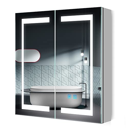 Quavikey® Badezimmer Spiegelschrank mit Licht und Rasiersteckdose 2 Türen Grauer Medizinschrank Wandmontage mit Regal 3 Farblichter und Entnebelung 630x650mm von Quavikey
