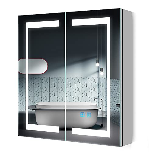 Quavikey® Spiegelschränke fürs Bad LED Beleuchtung 2 Spiegeltür Einstellbare Helligkeit Doppelstecker-Rasiersteckdose Sensorschalter Anti-Beschlag-Schalter Spiegelseitenwände 63 x 65cm von Quavikey