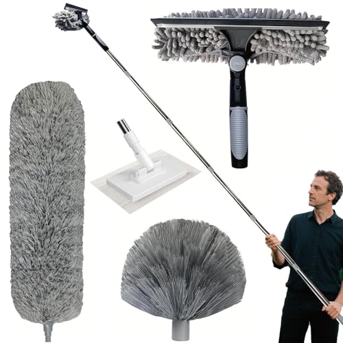 Staubwedel-Set mit 6m Reichweite, mit Verstellbarer Teleskopstange von 1,5 bis 4,9 m,mit Spinnennetz-Staubwedelkopf, Chenille-Staubtuchkopf und Mikrofaser-Wischmopp mit Druckklemmsystem von QuazarPyon