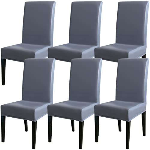 Qubjus Esstisch Stuhl Abdeckungen, solide Pu Leder wasserdicht ölfest Stretch Esstisch Stuhl Protector Cover Slipcover (Grau, 6 Pack) von Qubjus