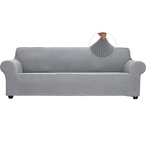 Qubjus Stretch Sofabezüge weiche Sofabezüge für 3 Kissen Couch Sofa Möbel Schutz atmungsaktiv waschbar Jacquard-Stoff kleine Karos mit elastischem Boden für Kinder Haustiere (Silver Gray, Groß) von Qubjus