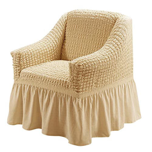 Qubjus Stretch Sofabezug Sofabezüge Waschbar Möbelschoner Couch Sofabettbezug mit elastischem Boden und Rock für Kinder Haustiere (Beige, Klein) von Qubjus