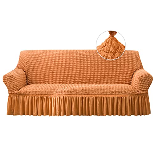 Qubjus Stretch Sofabezug Sofabezüge Waschbar Möbelschoner Couch Sofabettbezug mit elastischem Boden und Rock für Kinder Haustiere (Orange, Medium) von Qubjus