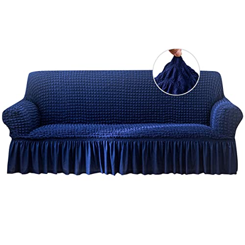 Qubjus Stretch Sofabezug Sofabezüge Waschbar Möbelschutz Couch Sofabettbezug mit Gummiboden und Rock für Kinder Haustiere (Blau, Medium) von Qubjus