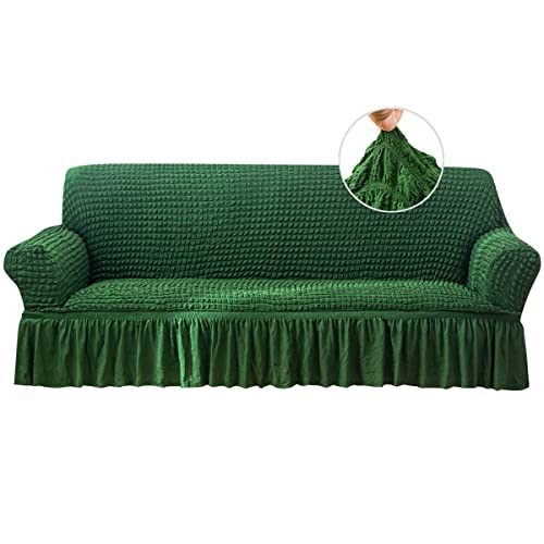 Qubjus Stretch Sofabezug Sofabezüge Waschbarer Möbelschutz Sofabettbezug mit elastischem Boden und Rock für Kinder Haustiere (Dunkelgrün, Extra Groß) von Qubjus