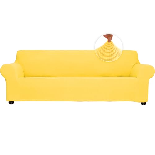 Qubjus Stretch übergroße Couchabdeckung weiche Sofaabdeckung 4-Sitzer-Sofa-Möbelschutz atmungsaktiv waschbar Jacquard-Gewebe kleine Karos mit elastischem Boden für Kinder Haustiere (Gelb, X-Large) von Qubjus