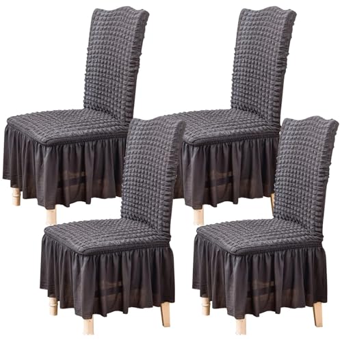 Qubjus Stuhlabdeckungen für Esszimmer Satz von 4 Stretch Stuhl Slipcover mit Rock abnehmbar waschbar Küche Stuhl Protector Cover Set für Haus, Party, Hochzeit(Dunkel Grau, 4Stück) von Qubjus