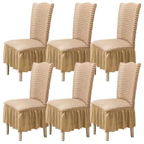 Qubjus Stuhlabdeckungen für Esszimmer Satz von 6 Stretch Stuhl Slipcover mit Rock abnehmbar waschbar Küche Stuhl Protector Cover Set für Haus, Party, Hochzeit(Beige, 6Stück) von Qubjus