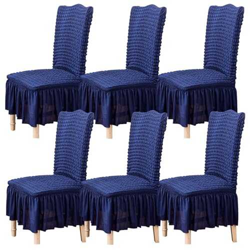 Qubjus Stuhlabdeckungen für Esszimmer Satz von 6 Stretch Stuhl Slipcover mit Rock abnehmbar waschbar Küche Stuhl Protector Cover Set für Haus, Party, Hochzeit(Blau, 6Stück) von Qubjus