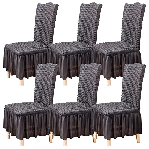 Qubjus Stuhlabdeckungen für Esszimmer Satz von 6 Stretch Stuhl Slipcover mit Rock abnehmbar waschbar Küche Stuhl Protector Cover Set für Haus, Party, Hochzeit(Dunkel Grau, 6Stück) von Qubjus