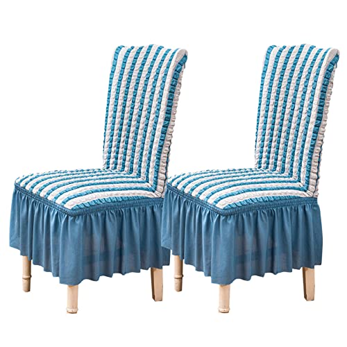 Qubjus Stuhlhussen für Esszimmer Satz von 2 Stretch Stuhl Slipcover mit Rock abnehmbar waschbar Küche Stuhl Protector Cover Set für Haus, Party, Hochzeit(Gestreift Blau, 2Stück) von Qubjus