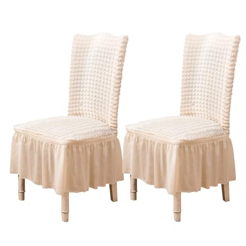 Qubjus Stuhlhussen für Esszimmer Satz von 2 Stretch Stuhl Slipcover mit Rock abnehmbar waschbar Küche Stuhl Protector Cover Set für Haus, Party, Hochzeit(Off-weiß, 2Stück) von Qubjus