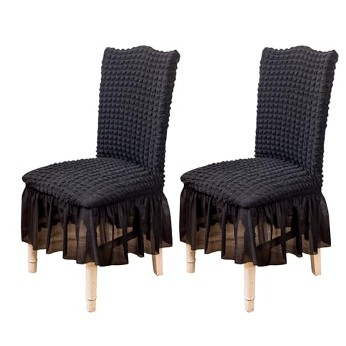Qubjus Stuhlhussen für Esszimmer Satz von 2 Stretch Stuhl Slipcover mit Rock abnehmbar waschbar Küche Stuhl Protector Cover Set für Haus, Party, Hochzeit(Schwarz, 2Stück) von Qubjus