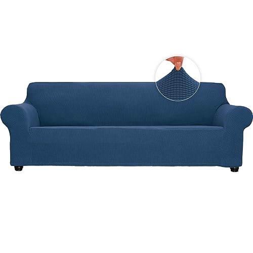 Stretch überdimensionale Couchabdeckung weiche Sofaabdeckung 4-Sitzer-Sofa-Möbelschutz atmungsaktiv waschbar Jacquard-Gewebe kleine Karos mit elastischem Boden für Kinder Haustiere ( Blau, X-Large) von Qubjus
