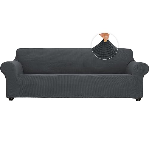 Stretch überdimensionale Couchabdeckung weiche Sofaabdeckung 4-Sitzer-Sofa-Möbelschutz atmungsaktiv waschbar Jacquard-Gewebe kleine Karos mit elastischem Boden für Kinder Haustiere ( Grau, X-Large) von Qubjus