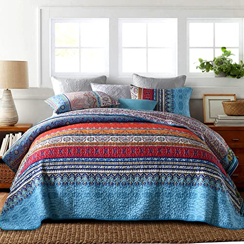 Qucover Boho Tagesdecke 220x240cm Bettüberwurf, Mikrofaser Tagesdecke Set mit 2 Kissenbezüge 50x70cm für Doppelbett, Ultra-weich Tagesdecke Gesteppte, Ethno Tagesdecke, Sofa Überwurfdecke Wohndecke von Qucover