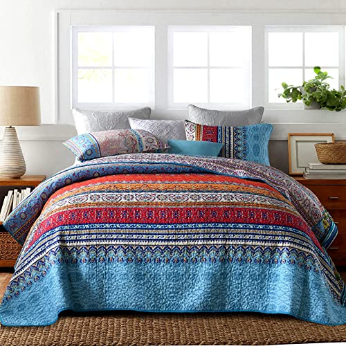 Qucover Boho Tagesdecke 220x240cm,Reversible A/B-Seite Bettüberwurf Set mit 2 Kissenbezüge 50x75cm für Doppelbett, Weich Ethno Tagesdecke Bunte, Sofa Überwurfdecke Wohndecke von Qucover