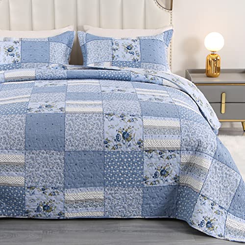 Qucover Blumen Patchwork Tagesdecke Bettüberwurf mit Kissenbezug Leichtes Mikrofaser Steppdecke Wendedesign Vintage Patchdeck Gesteppte Decke für Doppelbett Sofadecke Kuscheldecke (Blau Blumen) von Qucover