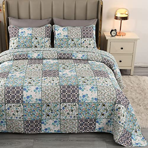 Qucover Blumen Patchwork Tagesdecke Bettüberwurf mit Kissenbezug Leichtes Mikrofaser Steppdecke Wendedesign Vintage Patchdeck Gesteppte Decke für Doppelbett Sofadecke Kuscheldecke (Grün Blumen) von Qucover