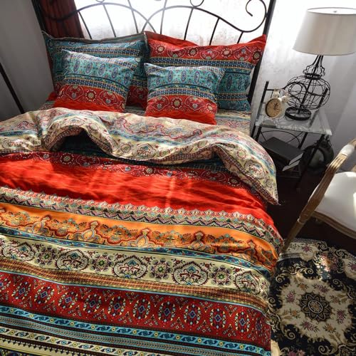 Qucover Bohemian Bettbezug Einzelbett 2-teilig 100% Baumwolle Boho Exotisch Gemischt Blau und Rot Gestreift Marokkanisches Bettwäsche-Set mit Kissenbezug, Reine Baumwolle Bettbezug 135x200 cm Bunt von Qucover