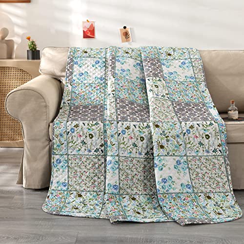 Qucover Tagesdecke 140x200cm Patchwork Muster Bettüberwurf Einzelbett Kleine Patchworkdecke aus Mikrofaser Gesteppt und Wattiert Sofadecke mit Blumenmuster Landhaus Stil von Qucover