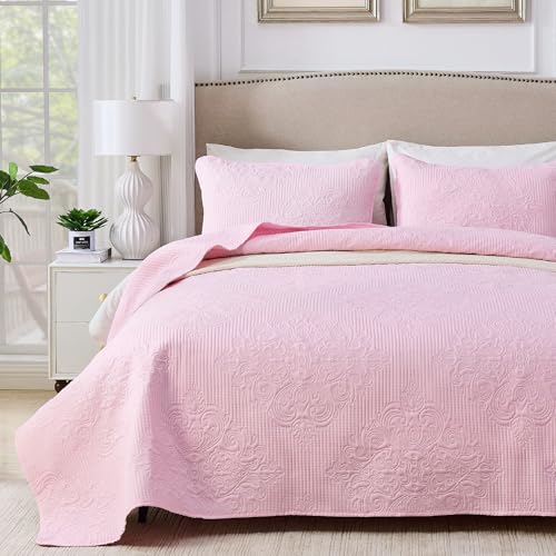 Qucover Tagesdecke 220x240 Hellrosa, Tagesdecke Bettüberwurf mit 2 Kissenbezügen 50x75cm, Polyester Vintage Muster Ultraschall genäht, Wohndecke Sofaüberwurf Überwurfdecke für Bett von Qucover