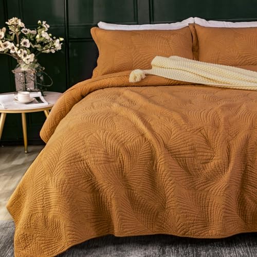 Qucover Tagesdecke 240x260cm Orange,100% Baumwolle Tagesdecke Bettüberwurf, Ultra Weiche Tagesdecke Stickerei, Bedspreads 240x260, Steppdecke mit 2 Kissenbezügen, Sofa Überwurfdecke Wohndecke für Bett von Qucover