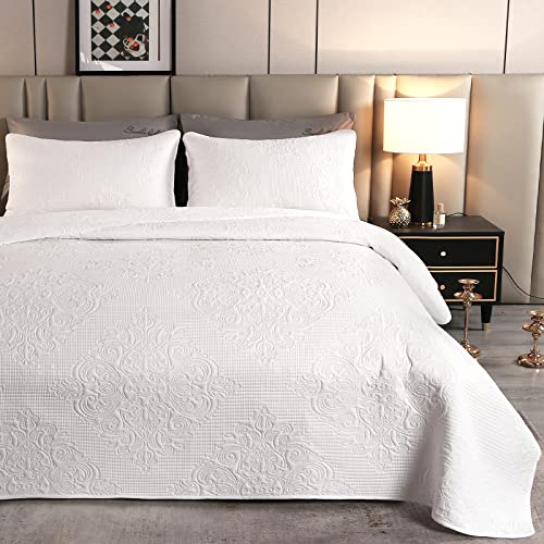 Qucover Tagesdecke 240x260cm Weiß, Tagesdecke Bettüberwurf mit 2 Kissenbezügen 50x75cm, Polyester Vintage Muster Ultraschall genäht, Wohndecke Sofaüberwurf Überwurfdecke für Bett von Qucover
