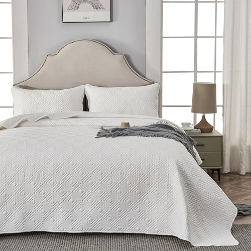 Qucover Tagesdecke Bettüberwurf 240x260cm Weiß, Bedspreads aus Mikrofaser, Bettüberwuf Set mit 2 Kissenbezügen 50x75cm,Steppdecke bei 3D-Ultraschal genäht, Sofaüberwurf Bettüberwurf Überwurfdecke von Qucover