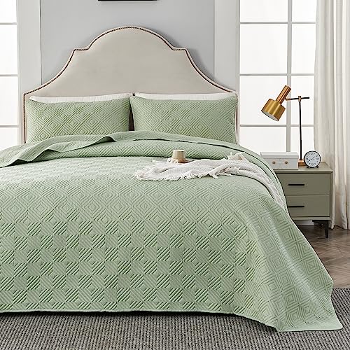 Qucover Tagesdecke Bettüberwurf 260x280cm Grün, Bedspreads aus Mikrofaser, Bettüberwuf Set mit 2 Kissenbezügen 50x75cm,Steppdecke bei 3D-Ultraschal genäht, Sofaüberwurf Bettüberwurf Überwurfdecke von Qucover