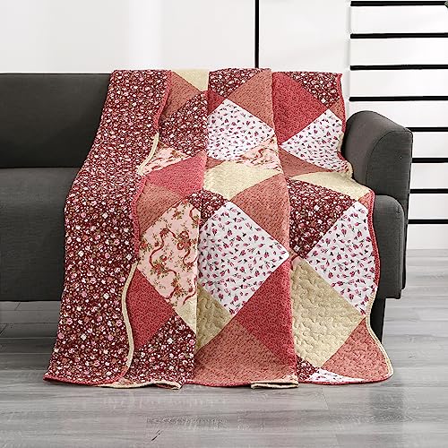 Qucover Tagesdecke Patchwork 150x200cm Patchworkdecke Wendedesign Bettüberwurf Sofadecke aus Polyester Sofadecke Ganzjährig Nutzbar Ziegelrot Weinrot (150x200cm) von Qucover