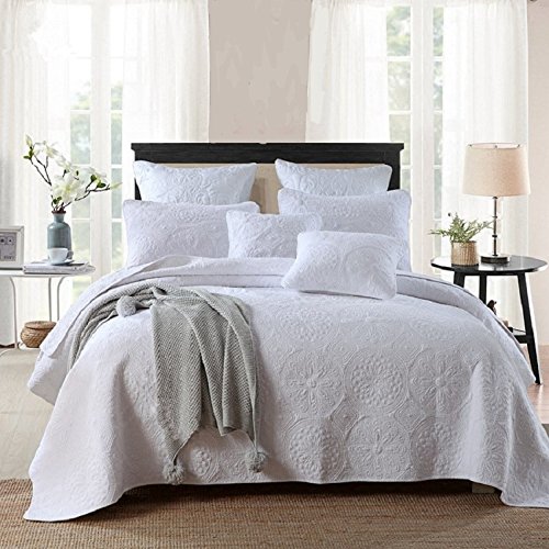 Qucover Tagesdecke Weiß, Tagesdecke Baumwolle 250x270cm Weich und Atmungsaktiv, Tagesdecke Bett mit 2 Kissen Set, Sofaüberwurf Bett überwurfdecke mit Stickerei Muster von Qucover