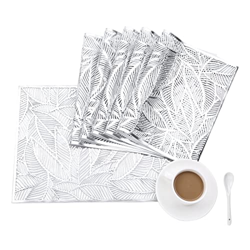 Qucover Tischsets Abwischbar aus PVC Platzset Silber Waschbar Platzdeckchen Rechteckig Hitzebeständig Platzmatten für Restaurant Küche Speisetisch Zuhause 45x30cm Jacquard Blätter Muster von Qucover