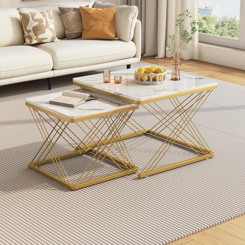 Quadratisch Couchtisch 2er Set,Satztische Kaffeetisch in 60*60*45cm & 45*45*40cm,Couchtisch Marmor Optik,Moderne Beistelltisch Wohnzimmertisch mit Gold Metallgestell für Wohnzimmer Balkon Büro von QueZeiah