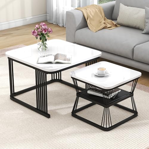 QueZeiah Quadratisch Couchtisch 2er Set,Satztische fürs Wohnzimmer,Couchtisch Marmor Optik,Modern Wohnzimmertisch mit Stauraum,für Wohnzimmer,Balkon und Büro,Metallgestell,Weiß und Schwarz von QueZeiah