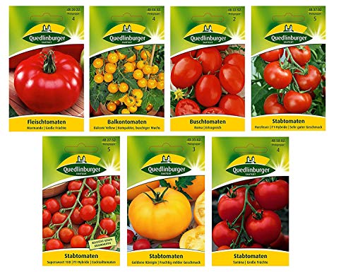 7 Sorten - Tomatensamen Sortiment - Set mit Fleischtomate Marmande Balkontomate Balconi Yellow Buschtomate Roma Stabtomate Harzfeuer Stabtomate Goldene Königin Stabtomate Tamina von Quedlinburger