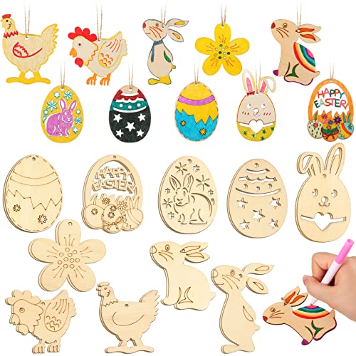 20 Stück Ostern Basteln Holz Ornamente Unvollendet Basteln Osterdeko Holz zum Aufhängen Ostern Holzanhänger mit Loch Ei Hase Huhn Blumen Form Holzausschnitte mit 2 Seilen (Niedlicher Stil) von Queekay