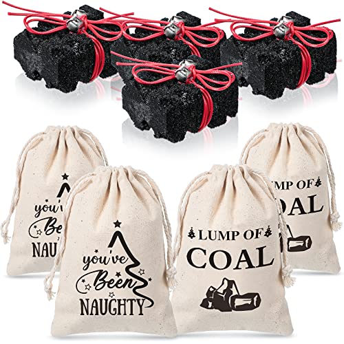 4 Stück Weihnachts-Kohlensäcke mit 4 Lumpen Kohle You've Been Naughty Gag Geschenktüte Xmas Kohle Kordelzug Tasche für Urlaub Weihnachtsmann Strumpffüller Weihnachten Party Supplies von Queekay